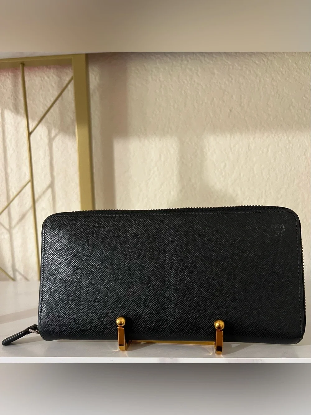 MCM Black Zip-Around Saffiano Wallet with Silver Hardware Accents